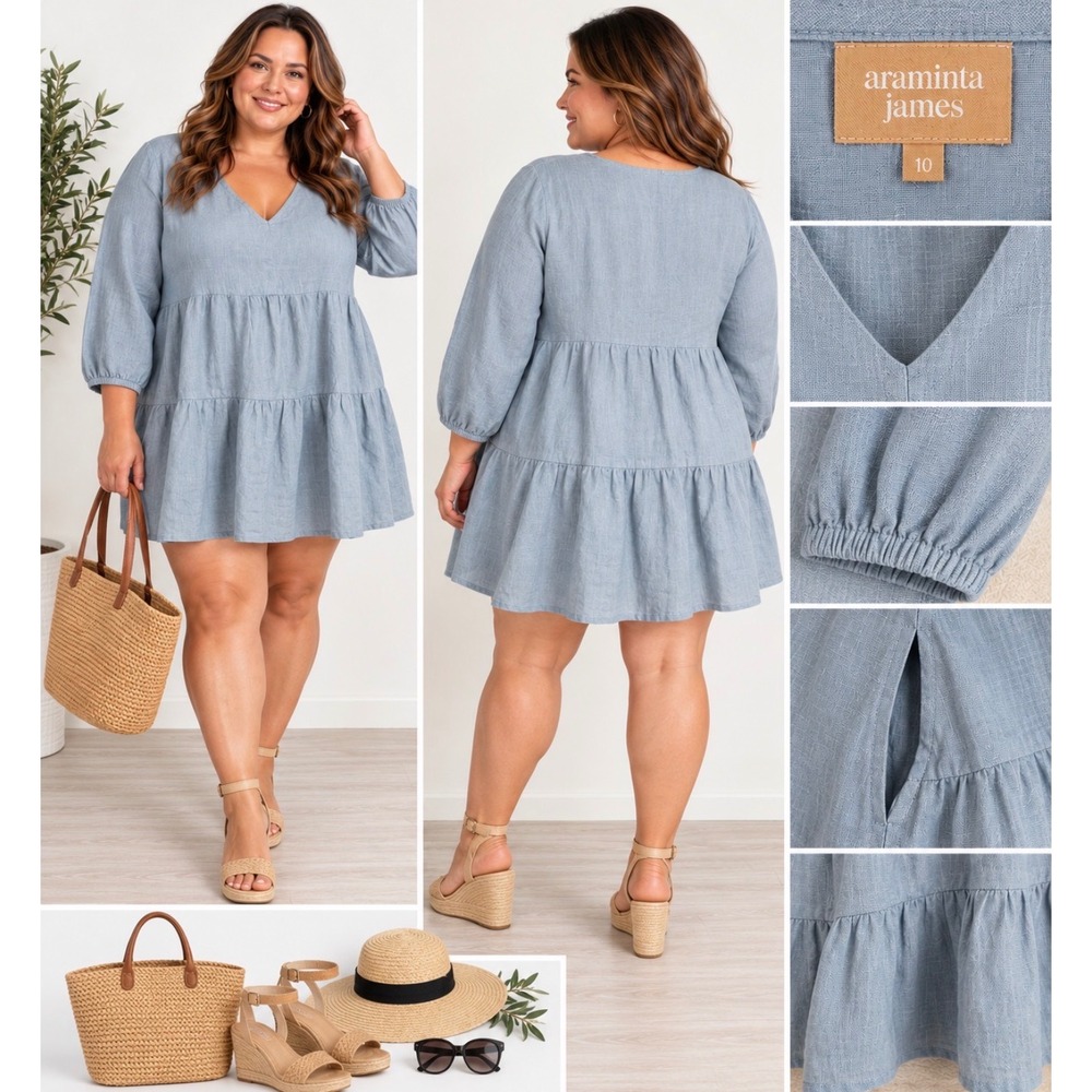 Araminta James Womens Light Blue 100% Linen Tiered V-Neck Mini Dress Size 10